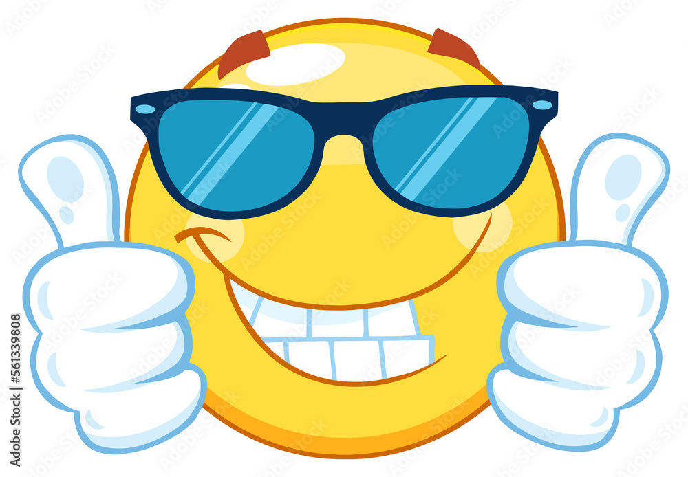 Smiling Yellow Emoticon Cartoon Mascot Character With Sunglasses Giving