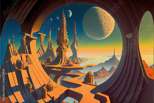 sci fi landscape with moon