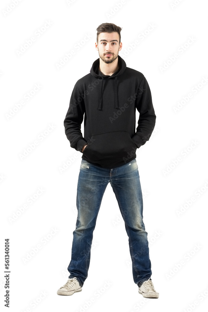 Confident man in hood with hands in pockets isolated on transparent background Confident man in hood with hands in pockets isolated on transparent background