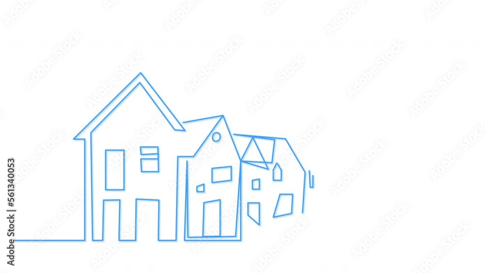 Street, row of residential houses line self drawing animation. Copy space. Street, row of residential houses line self drawing animation. Copy space.