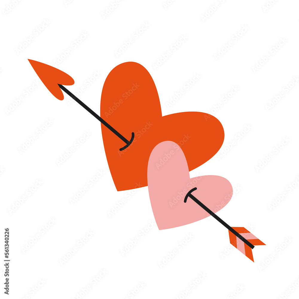 Two hearts pierced an arrow, cartoon style. Valentine's Day concept. Trendy modern vector illustration isolated on white background, hand drawn, flat Two hearts pierced an arrow, cartoon style. Valentine's Day concept. Trendy modern vector illustration isolated on white background, hand drawn, flat
