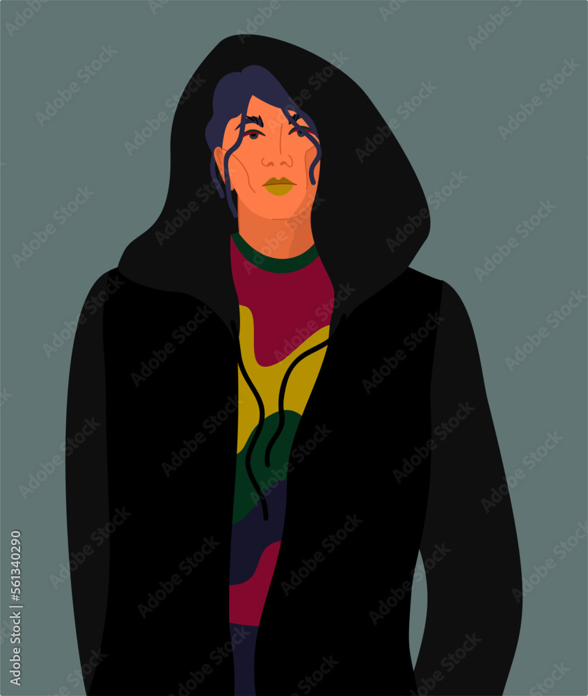 Young male model in black hoodie and bright sweater on dark blue background. Young male model in black hoodie and bright sweater on dark blue background.