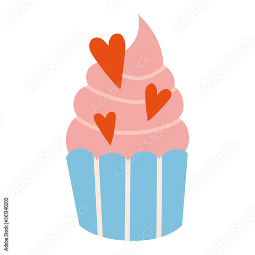 Cupcake decorated with hearts, cartoon style. Valentine's Day concept. Trendy modern vector illustration isolated on white background, hand drawn, flat