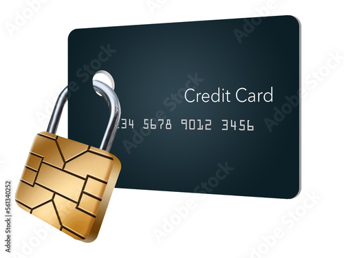 This is a mock generic credit card with an EMV chip that looks like a padlock to secure the card. This is a 3-d illustration. This image is on a transparent png background. photo