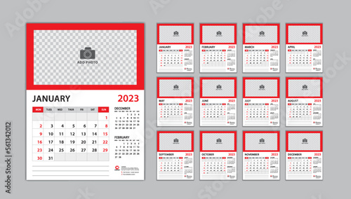 Calendar 2023 template set on red background, Desk calendar 2023 design, planner design, wall calendar template, Set of 12 Months, Week Starts on Monday, Poster, Yearly organizer, Stationery, vector