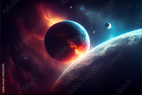 View of planet earth burning in space and galaxy. Splendor of planets and stars in space. Abstract space background. 