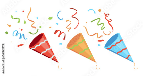 cute party popper confetti set illustration set. confetti isolated, explosion, firecracker, celebration.