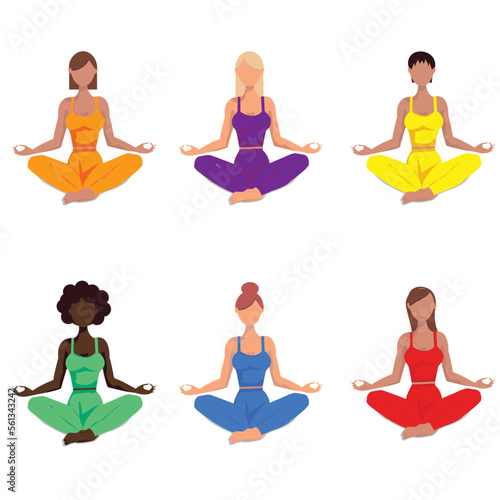 set of color girls in lotus pose