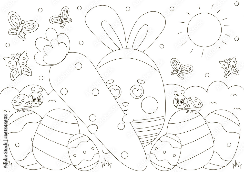 Cute coloring page for easter holidays with buuny character holding giant carrot and flowers
