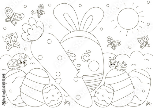 Cute coloring page for easter holidays with buuny character holding giant carrot and flowers