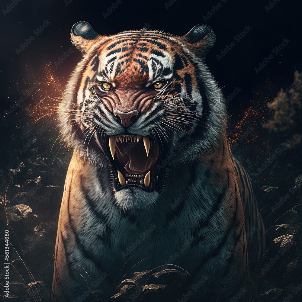 Detailed tiger head 3d render with flames Stock Illustration ...