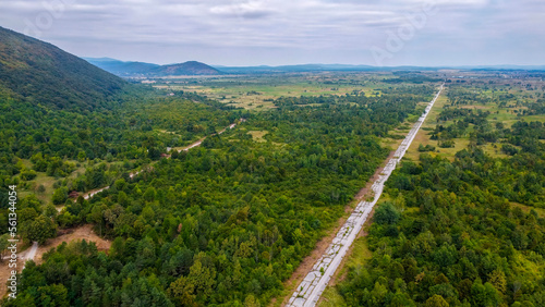  aerial view of abandoned airstrips from Željava underground air base, Croatia