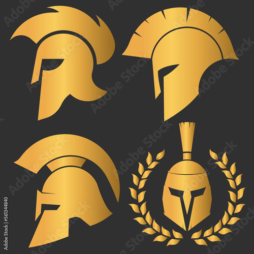 Set gold spartan helmet warrior emblems logotypes set. Vector