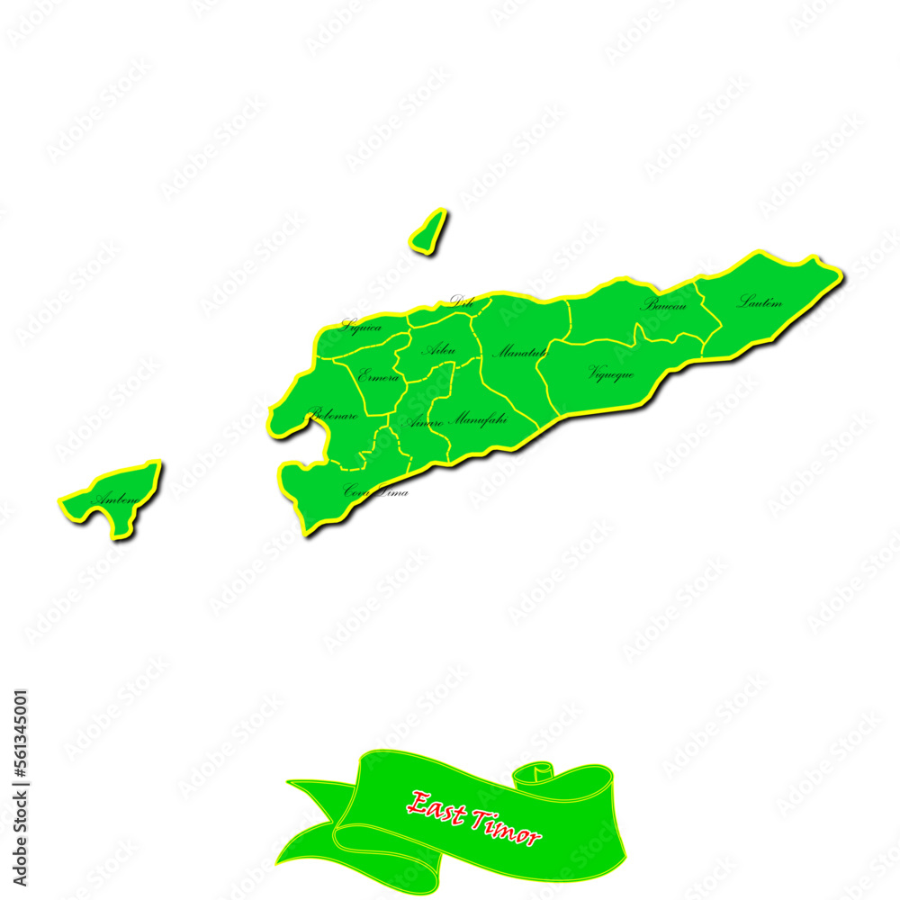 Vector map of East Timor with subregions in green country name in red Vector map of East Timor with subregions in green country name in red