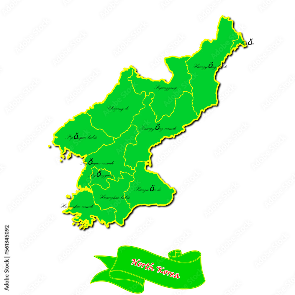 Vector map of North Korea with subregions in green country name in red