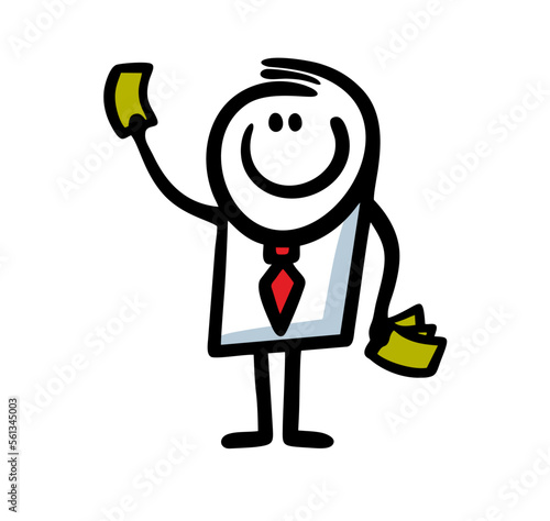 Satisfied businessman with a wad of cash in his hands pays for the goods.