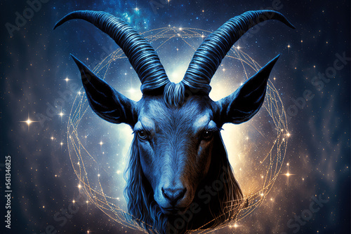 Zodiac sign of Capricorn, head of goat with magic light in space, generative AI. photo
