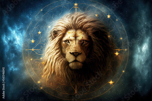 Zodiac sign of Leo, head of lion with magic light in star wheel, generative AI.