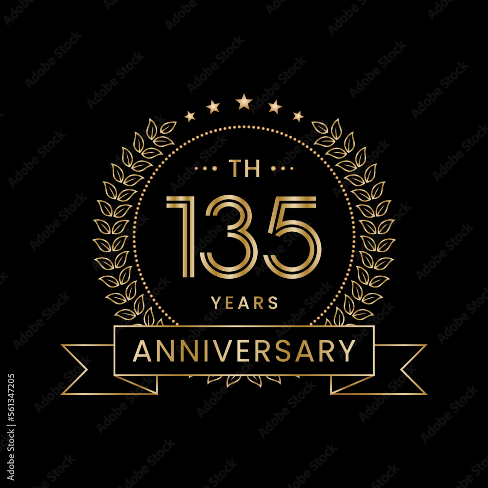 135th Anniversary logo design with laurel wreath for celebration event, invitation, banner, poster, flyer, greeting card. Line Art Design, Logo Vector Illustration