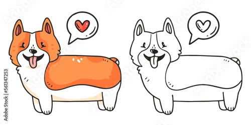 Corgi breed dog coloring book with an example of coloring for children. Coloring page with a dog with a heart. Monochrome and color version. Vector children's illustration.