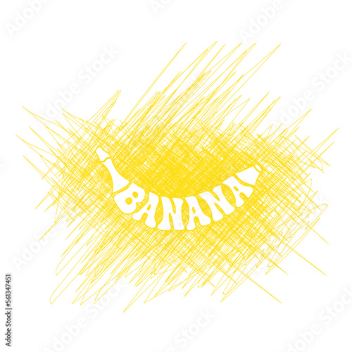The word Banana written in the shape of the banana in the form of a negative space over a scribbled background in yellow color
