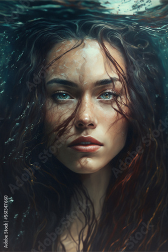 Underwater portrait of beautiful woman with long hair and deep look - generative ai