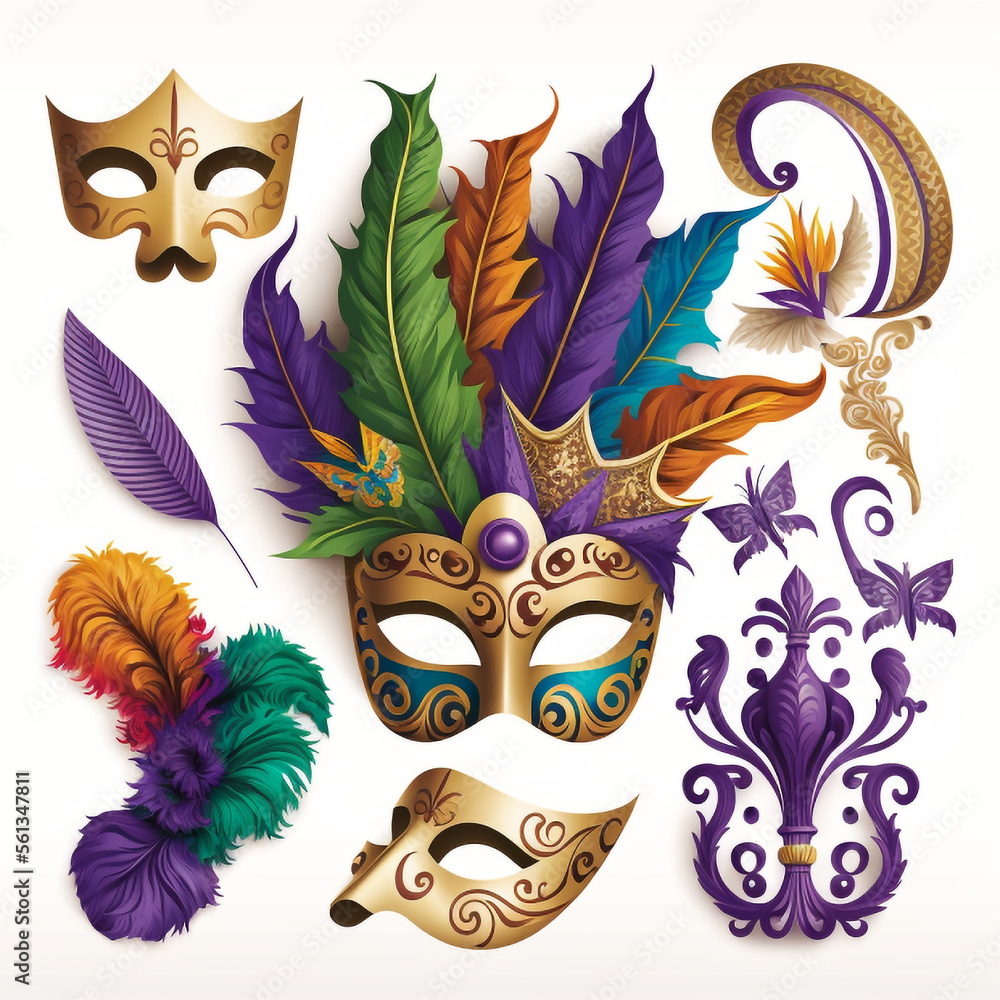 Mardi Gras Elements Illustration Vector Set - Mask Feathers - Purple Green Gold - Generative AI