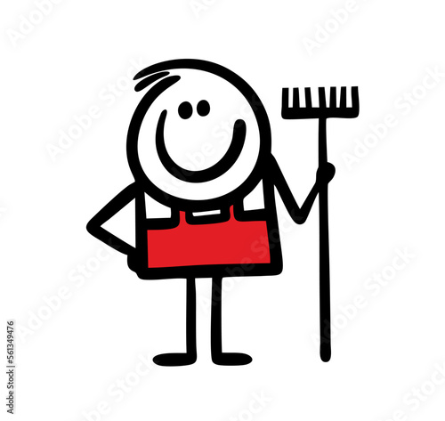 Stick figure man holds a rake in his hand for spring work in the garden.