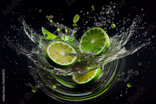Lime slices splashing into water - generative ai