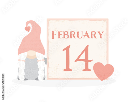 A gnome standing with a calendar date for Valentine's Day, in a cut paper style with textures
