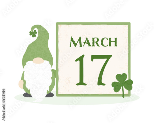 A gnome standing with a calendar date for Saint Patrick's Day, in a cut paper style with textures
