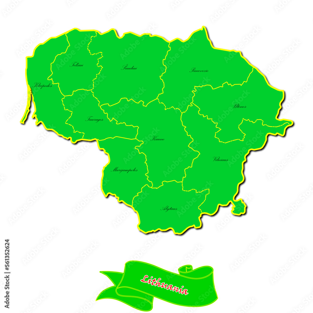 Vector map of Lithuania with subregions in green country name in red