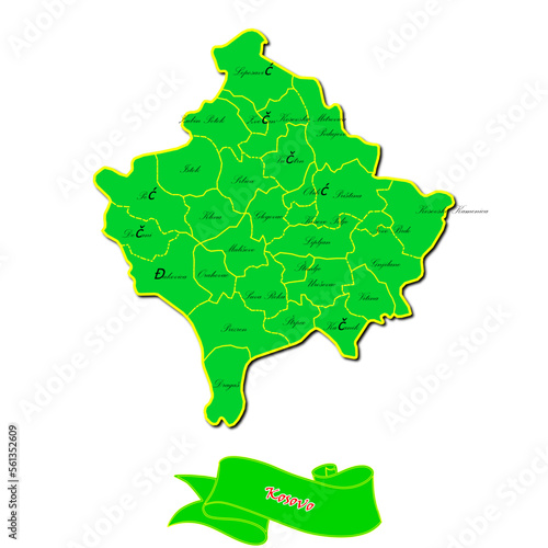 Vector map of Kosovo with subregions in green country name in red photo