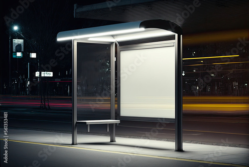Obraz na plátne Mockup blank white sign at bus stop, night. Generative AI