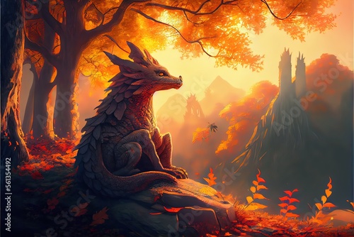 Fotografia A huge incredibly long forest dragon in oriental style looks curiously at the spirit of a little fox cub sitting on a stone in the autumn orange forest in the rays of the bright sunset sun
