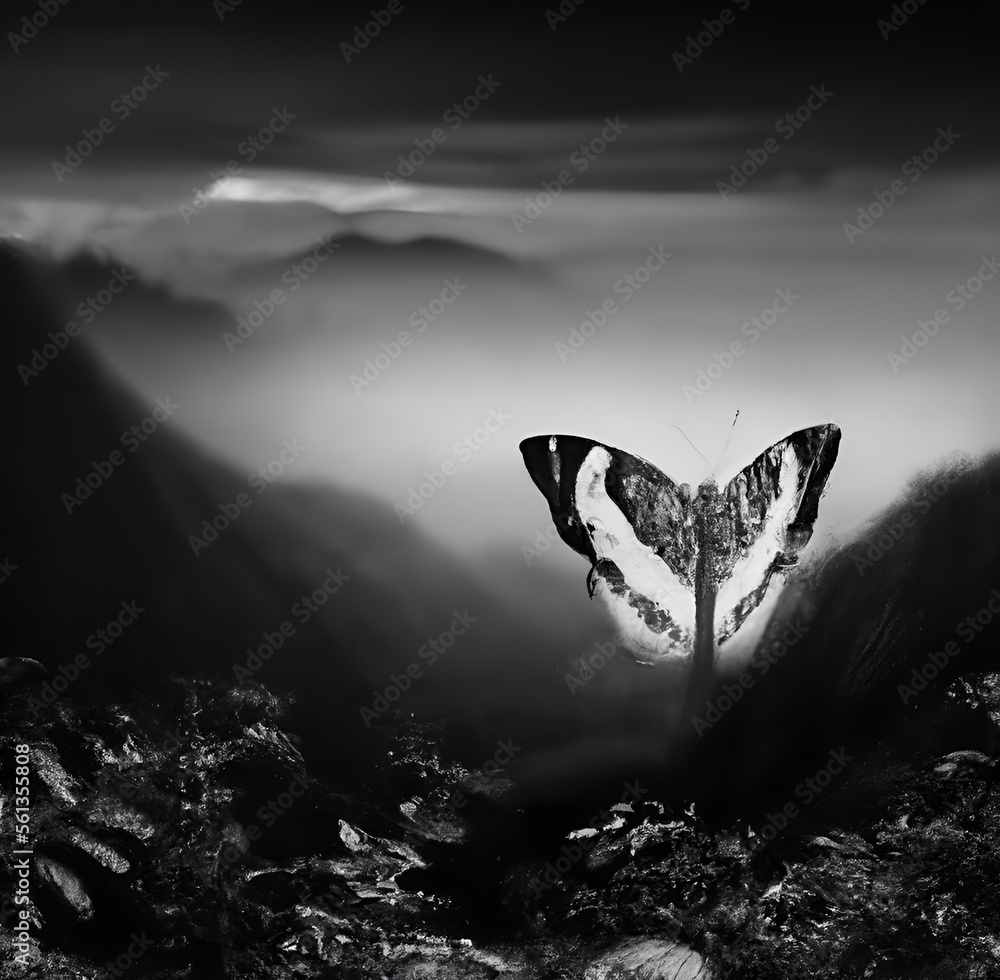 Artistic butterfly on a black and white background overlooking nature