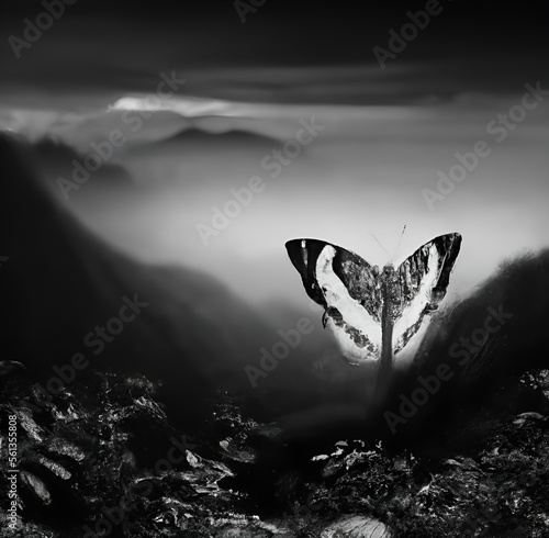 Artistic butterfly on a black and white background overlooking nature