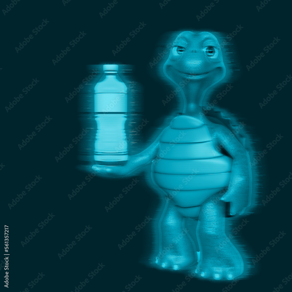 turtle cartoon is holding a water bottle