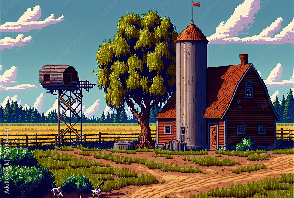 Pixel art menu do jogo farm 8bit paisagem da tela inicial do jogo com trator,  casa, celeiro, moinho, silo, árvore