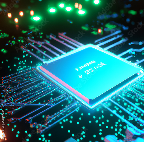 Vision of Microchip Blue and green colors founded in the another world 3D render