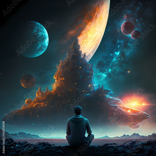 A man watching the alien world in universe on the horizon