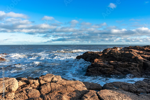 Coast of the North Sea in Scotland against a dramatic sky, seascape