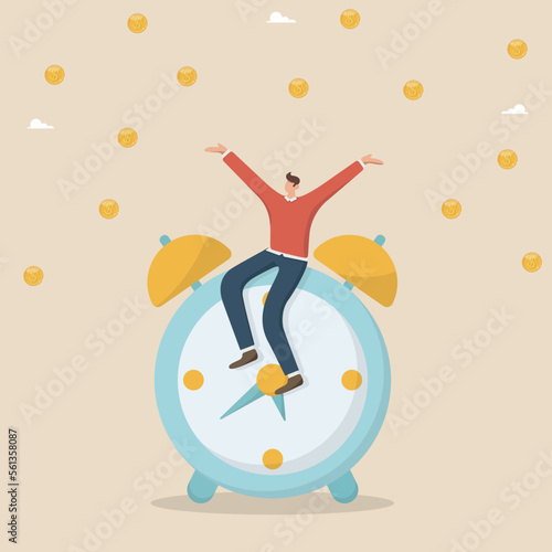 Time is money, long term return on investment, pension fund concept, interest return on investment, deposit, shares. Smart business investor is sitting on the clock. Time to get your money.