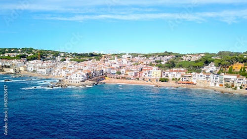 aerial view from the Mediterranean Sea on the beautiful seaside town of Calella de Palafrugell at the Costa Brava, fishing village, tourism, Palafrugell, Baix Empordà, Girona, Catalonia, Spain