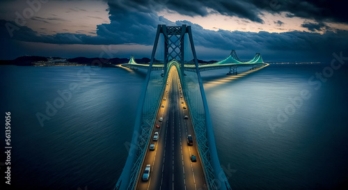 Akashi Kaikyo Bridge spanning the Seto Inland Sea from Awaji Island to Kobe, the largest Japanese island photo