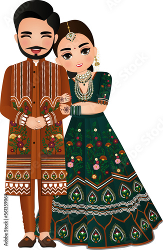 Cute hindu couple in traditional indian dress cartoon character.Romantic wedding invitation card