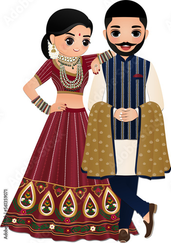 Photography Cute hindu couple in traditional indian dress cartoon character