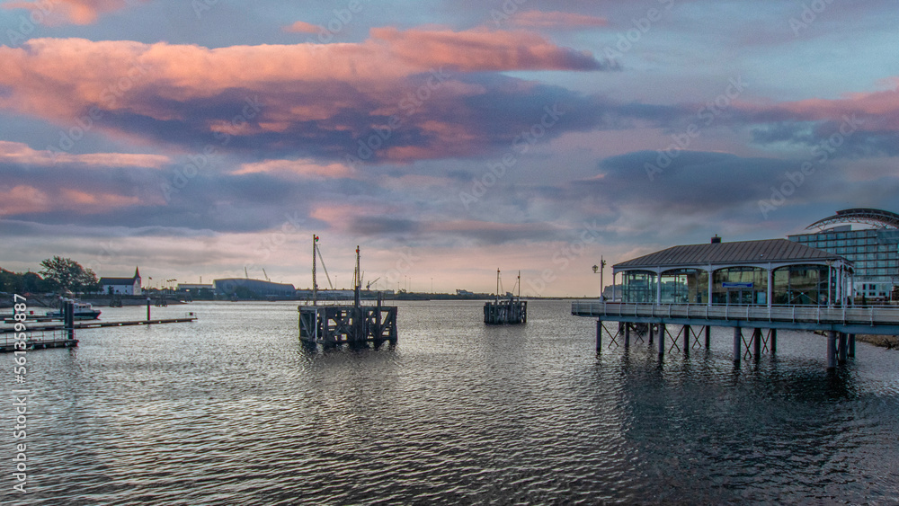 sunset at the pier at Cardiff bay