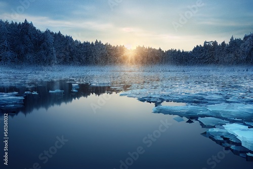Beautiful Winter Landscape village park lamppost frozen lake evergreen trees with snowfall at dusk or dawn blue hour Made with Generative Ai