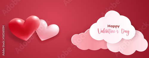 Valentine's Day illustration with voluminous hearts and paper clouds on red background